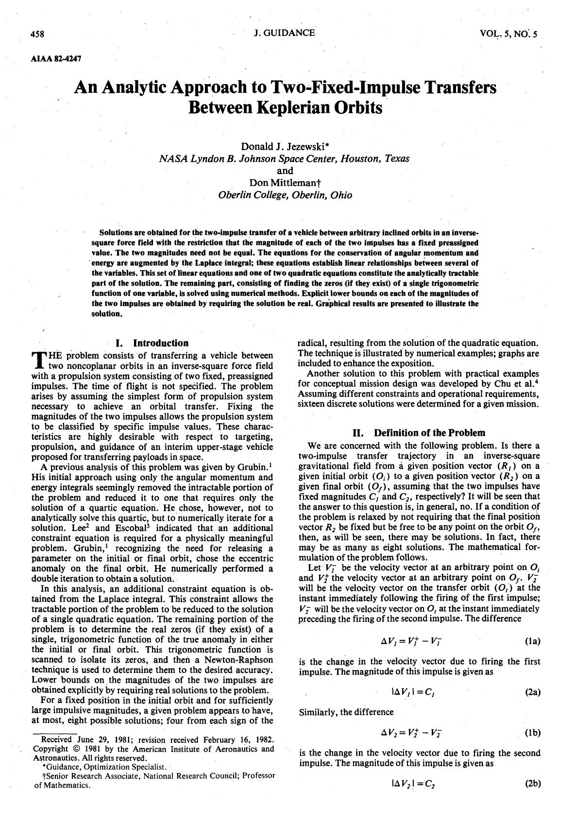 An analytic approach to two-fixed-impulse transfers between Keplerian orbits by Unknown