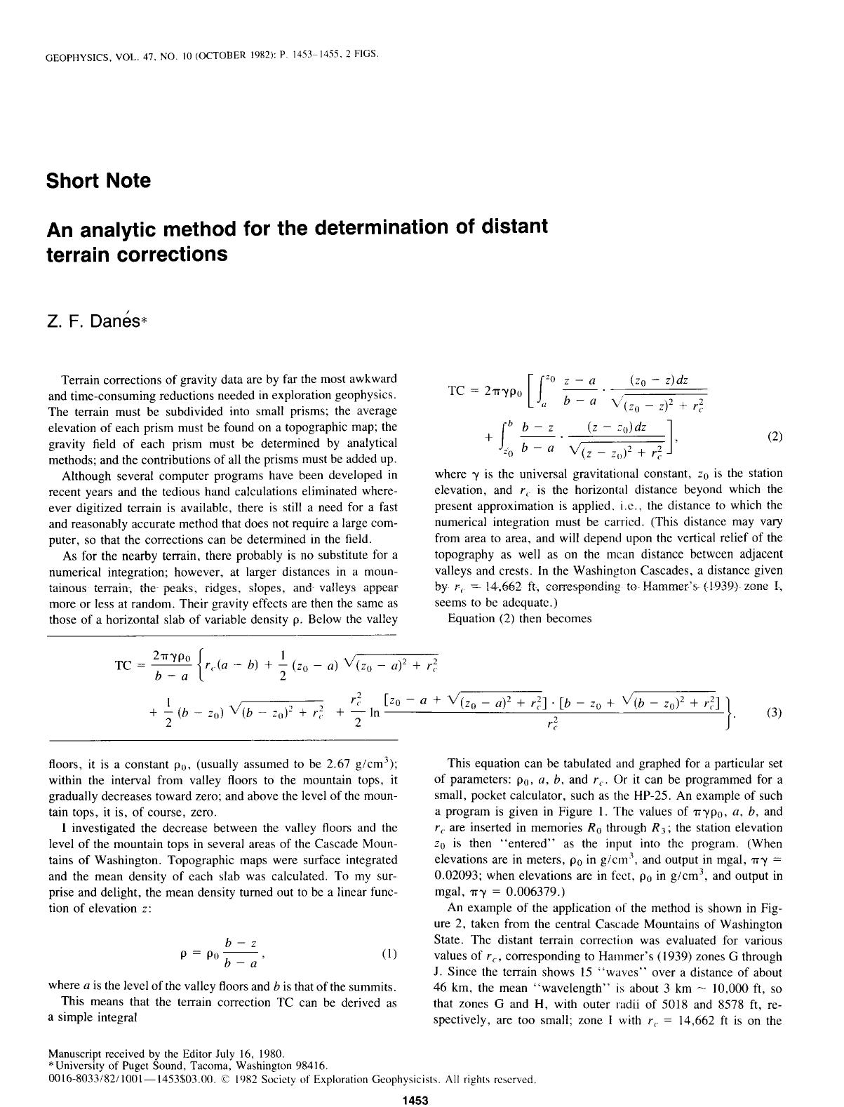 An analytic method for the determination of distant terrain corrections: SHORT NOTE by Danes Z. F