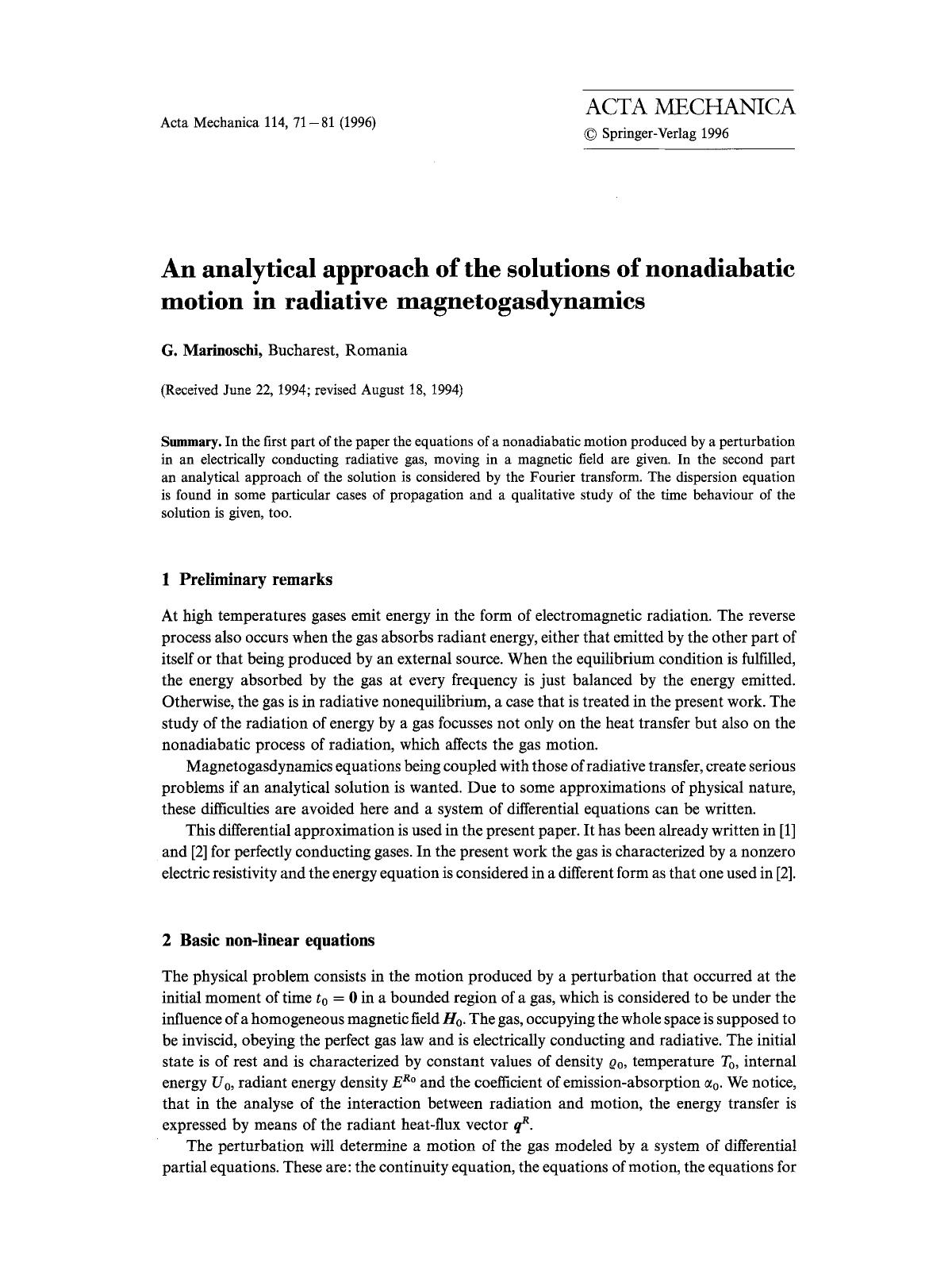 An analytical approach of the solutions of nonadiabatic motion in radiative magnetogasdynamics by Unknown