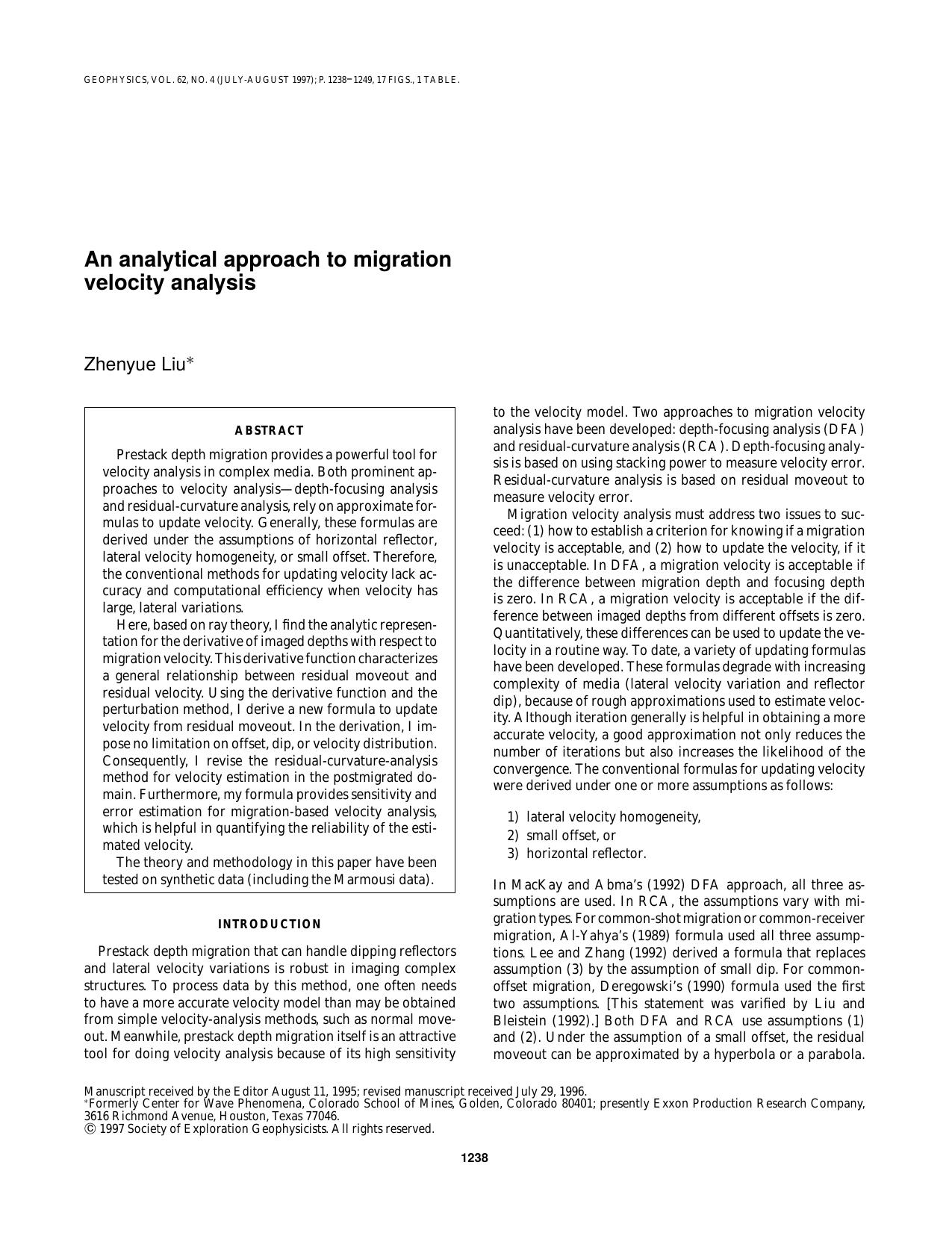 An analytical approach to migration velocity analysis by Z. Liu