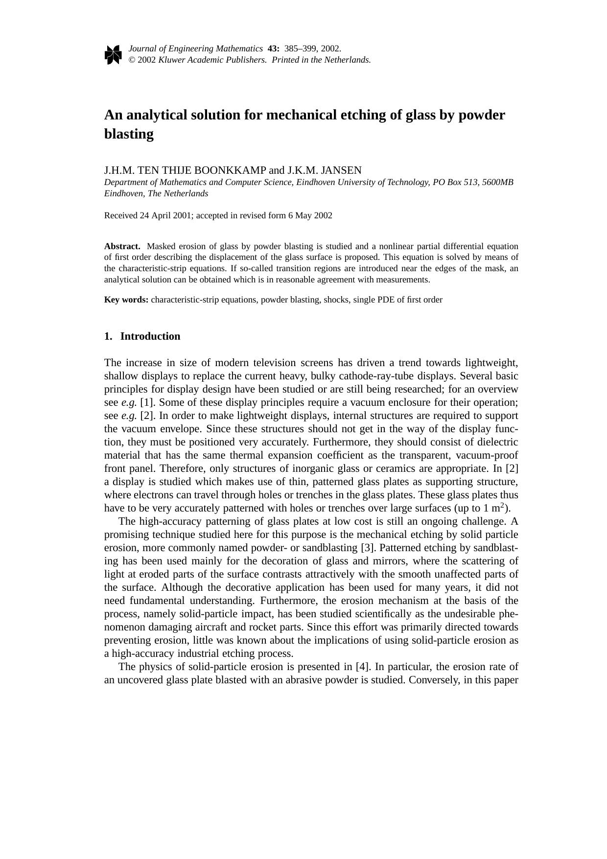 An analytical solution for mechanical etching of glass by powder blasting by Unknown