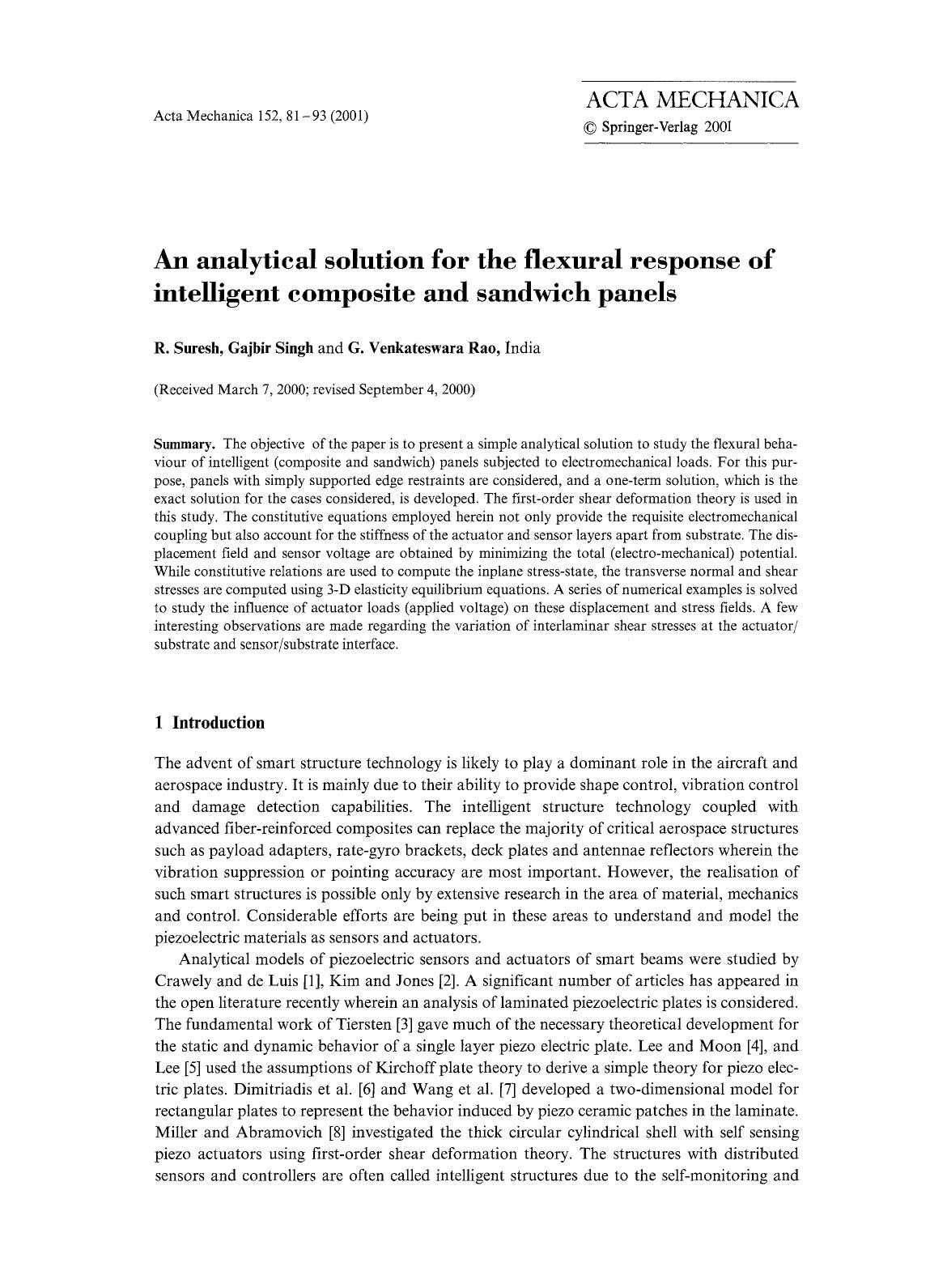 An analytical solution for the flexural response of intelligent composite and sandwich panels by Unknown
