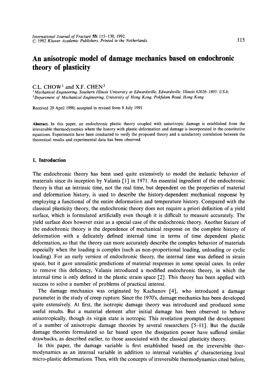 An anisotropic model of damage mechanics based on endochronic theory of plasticity by Unknown