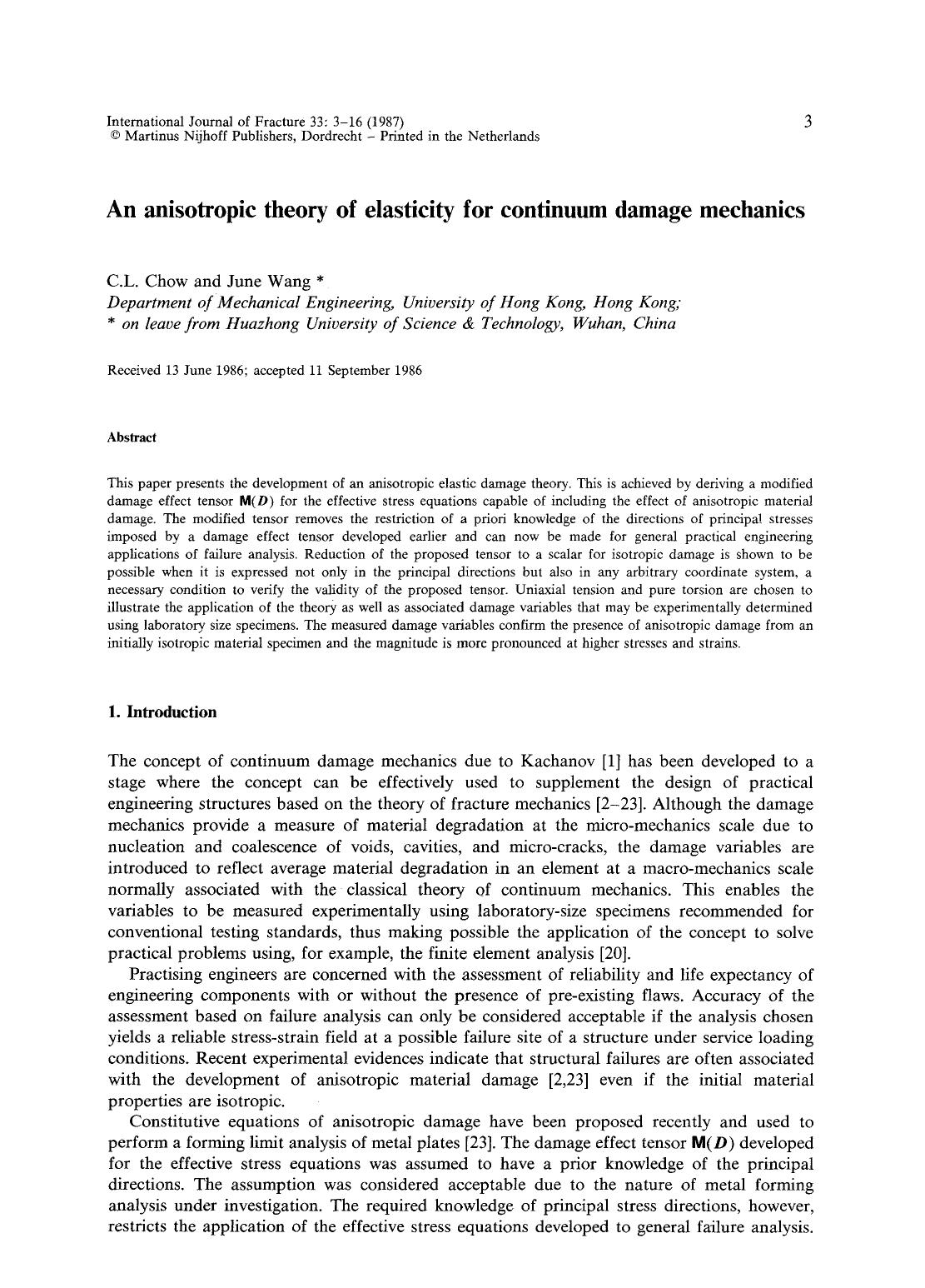 An anisotropic theory of elasticity for continuum damage mechanics by Unknown