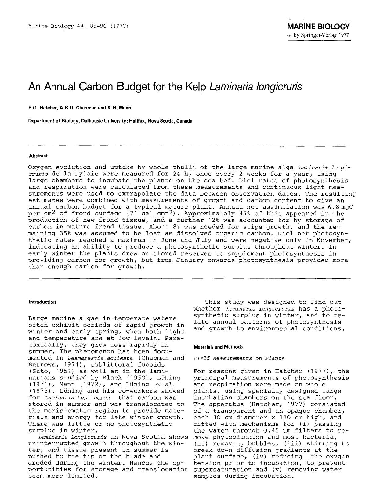 An annual carbon budget for the kelp <Emphasis Type="Italic">Laminaria longicruris<Emphasis> by Unknown