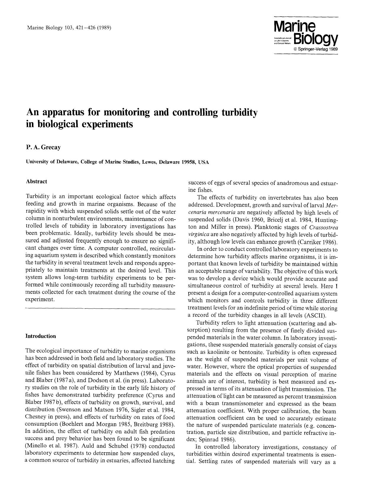 An apparatus for monitoring and controlling turbidity in biological experiments by Unknown