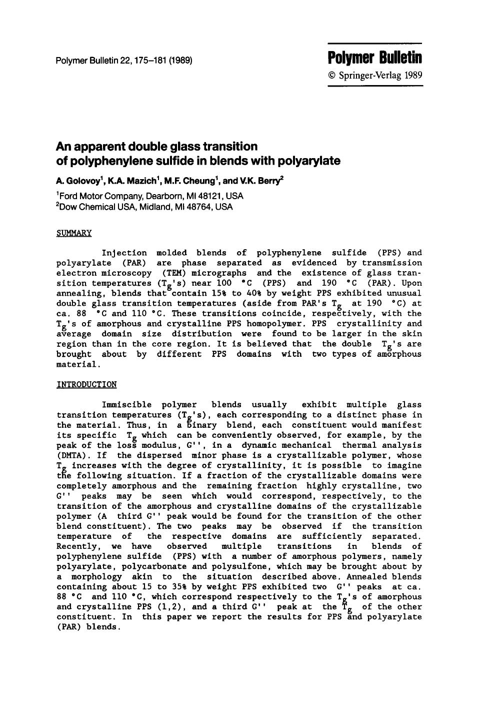 An apparent double glass transition of polyphenylene sulfide in blends with polyarylate by Unknown