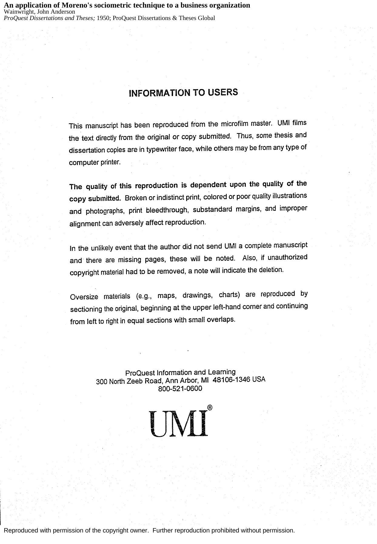 An application of Morenoâs sociometric technique to a business organization by Wainwright John Anderson