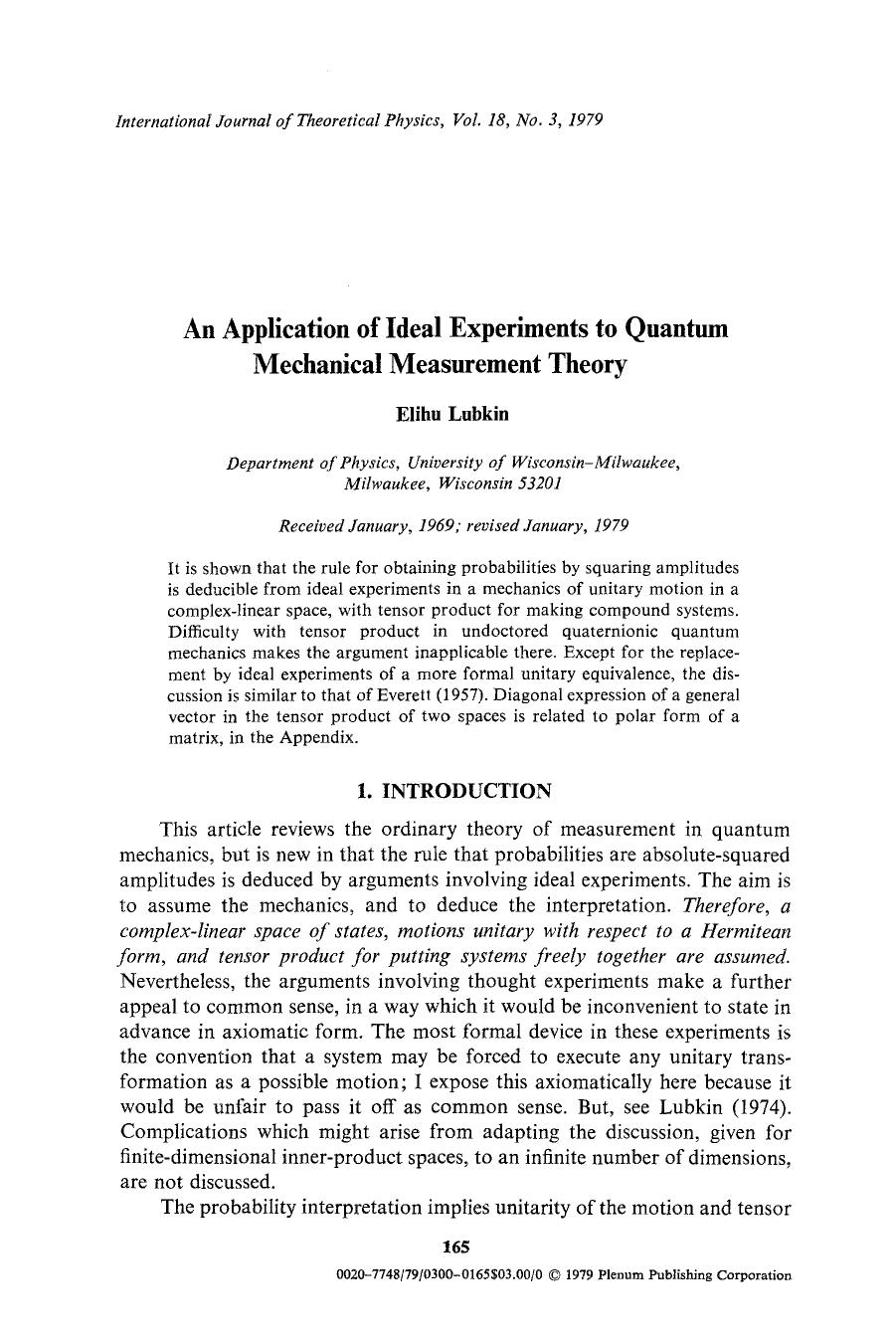 An application of ideal experiments to quantum mechanical measurement theory by Unknown