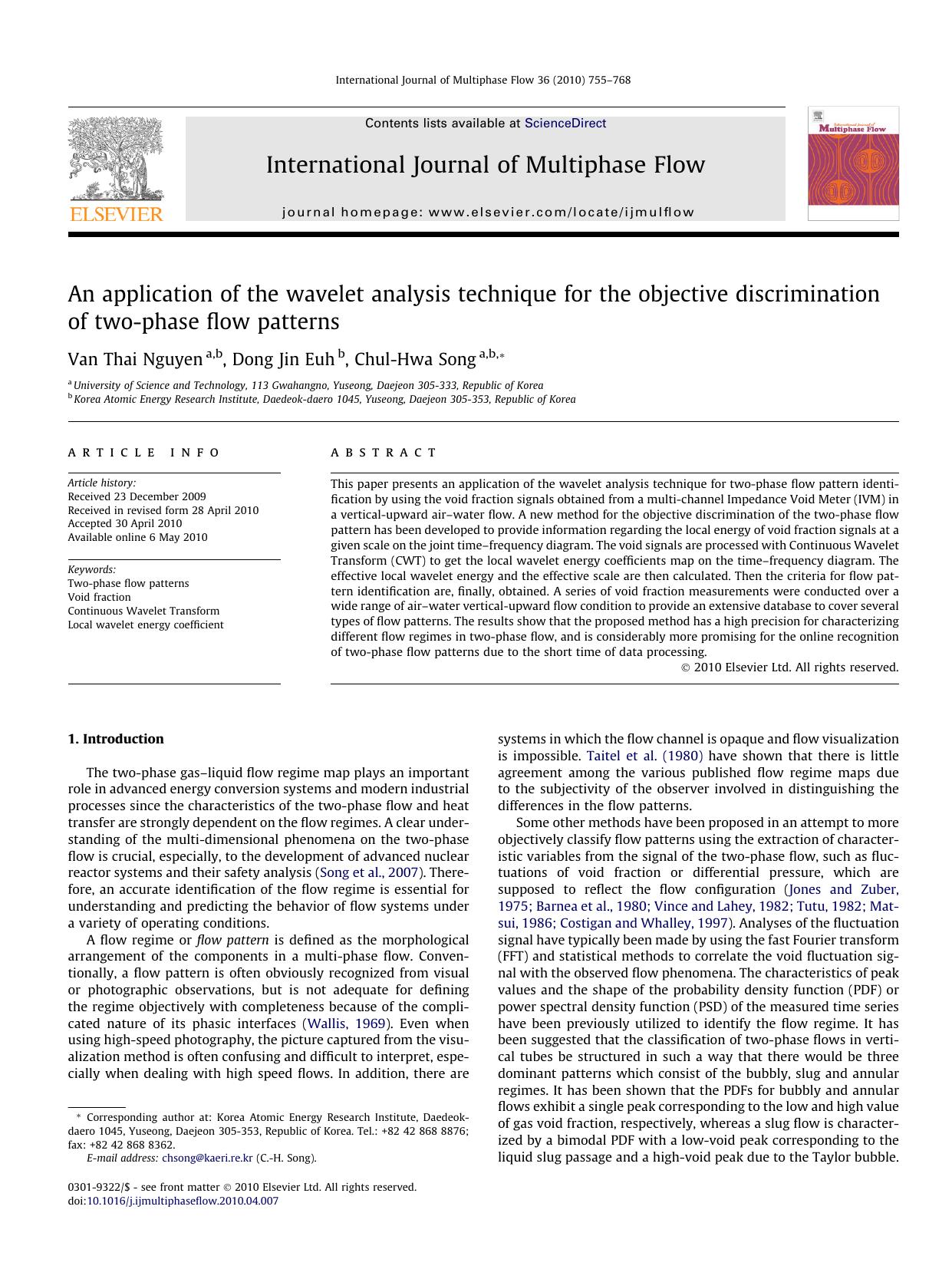 An application of the wavelet analysis technique for the objective discrimination of two-phase flow patterns by Van Thai Nguyen & Dong Jin Euh & Chul-Hwa Song