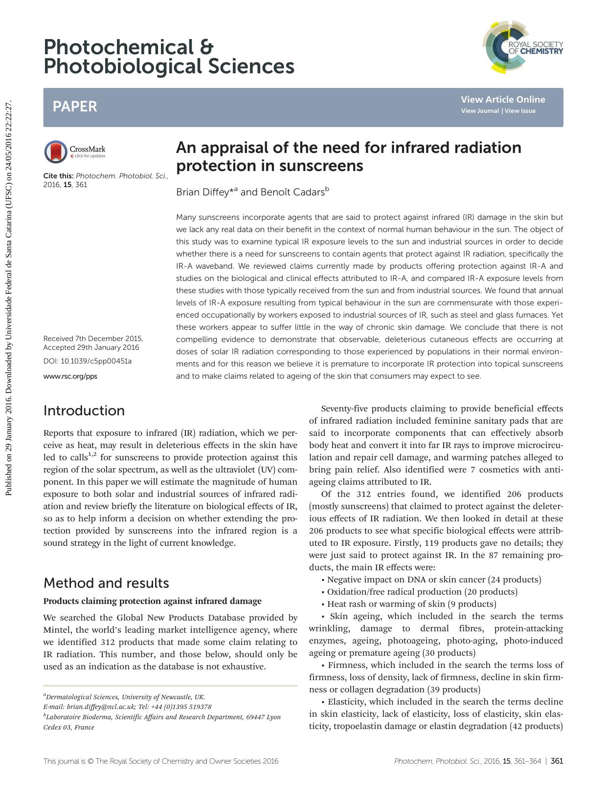 An appraisal of the need for infrared radiation protection in sunscreens by Brian Diffey Benoît Cadars