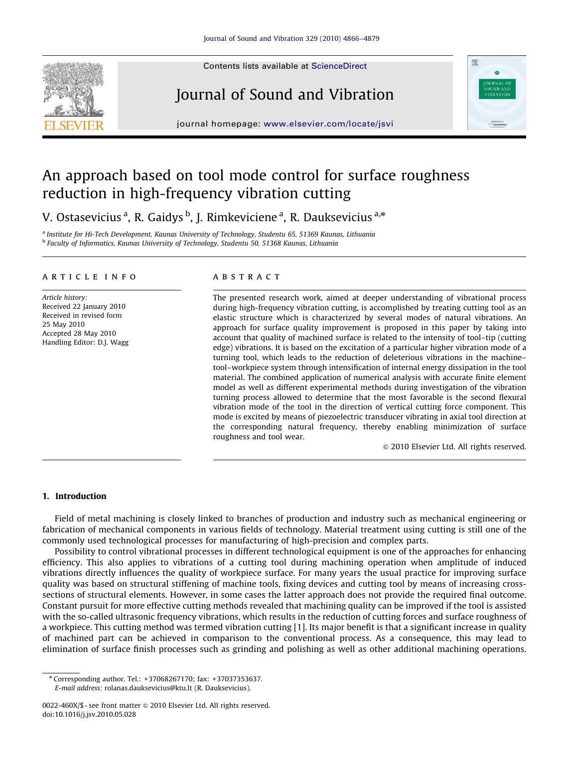 An approach based on tool mode control for surface roughness reduction in high-frequency vibration cutting by V. Ostasevicius & R. Gaidys & J. Rimkeviciene & R. Dauksevicius