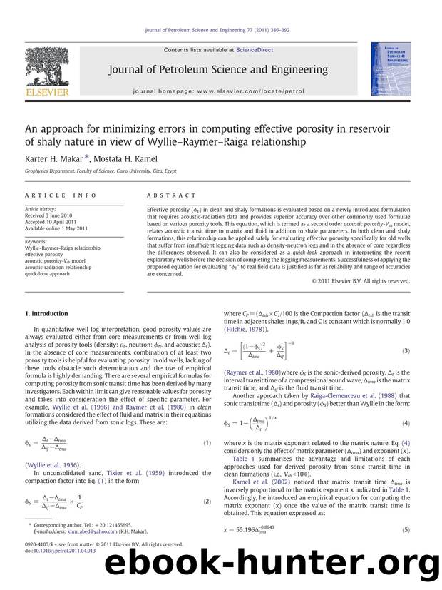 An approach for minimizing errors in computing effective porosity in reservoir of shaly nature in view of WyllieâRaymerâRaiga relationship by Karter H. Makar & Mostafa H. Kamel
