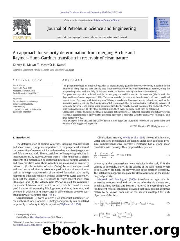 An approach for velocity determination from merging Archie and RaymerâHuntâGardner transform in reservoir of clean nature by Karter H. Makar & Mostafa H. Kamel