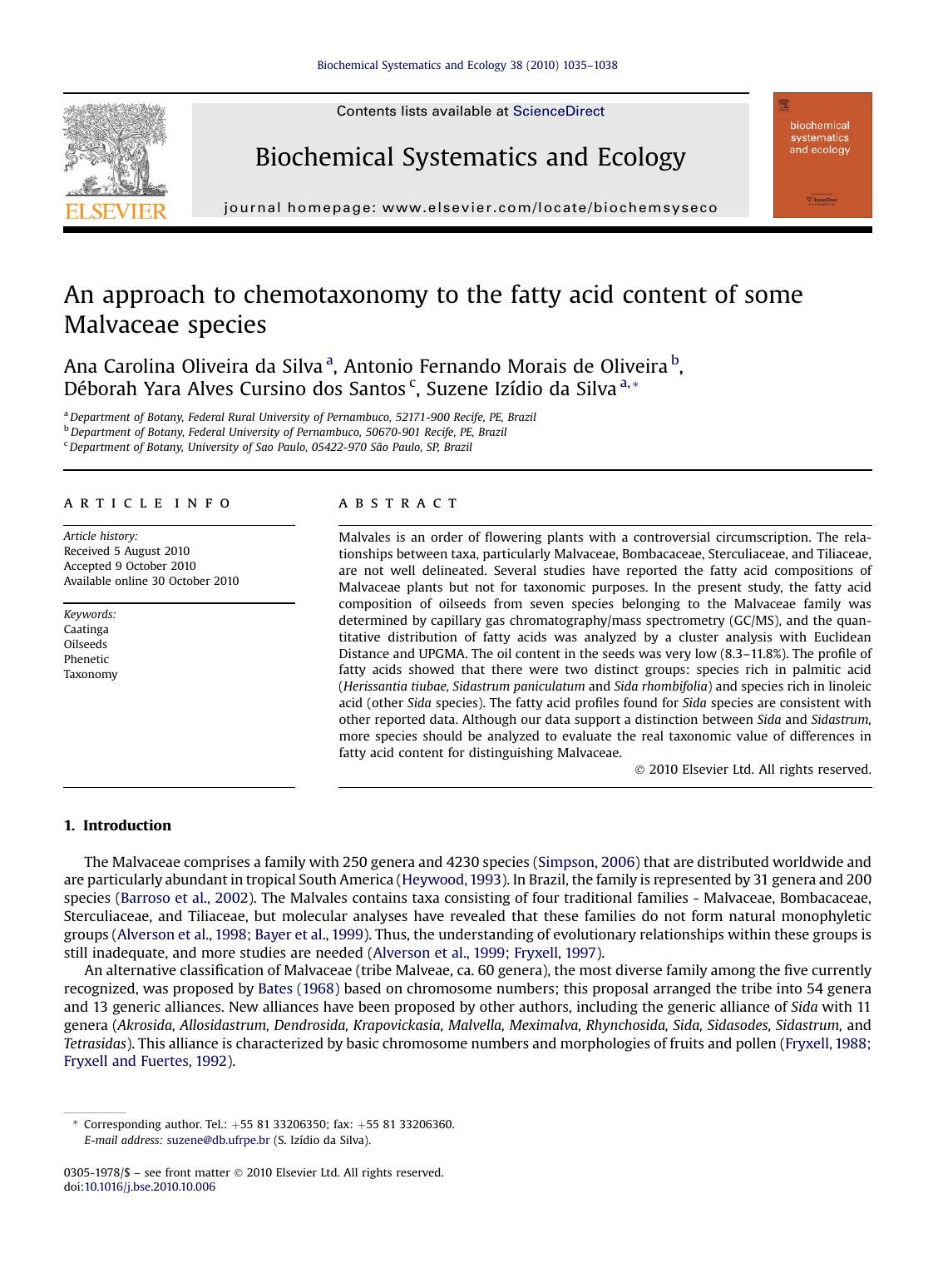 An approach to chemotaxonomy to the fatty acid content of some Malvaceae species by unknow