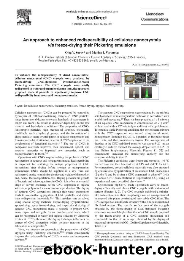 An approach to enhanced redispersibility of cellulose nanocrystals via freeze-drying their Pickering emulsions by Oleg V. Surov & Marina I. Voronova