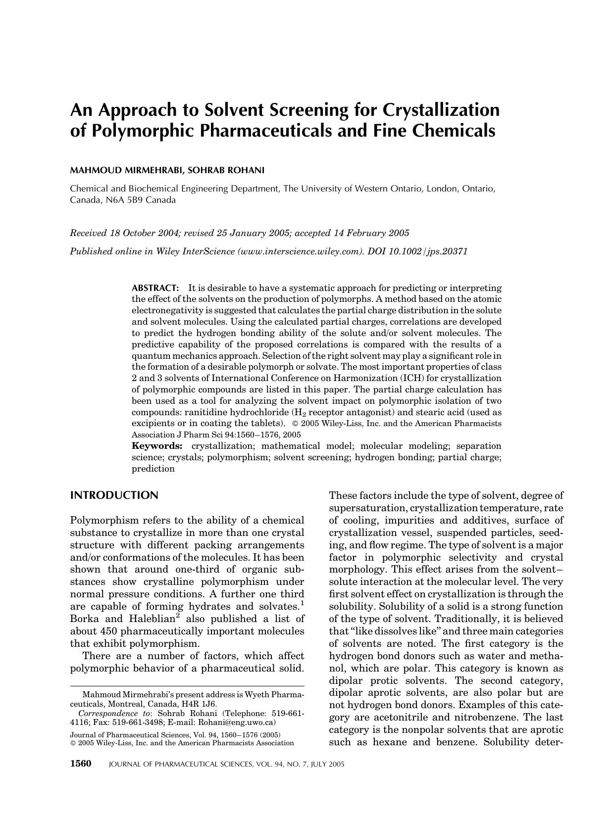 An approach to solvent screening for crystallization of polymorphic pharmaceuticals and fine chemicals by Unknown