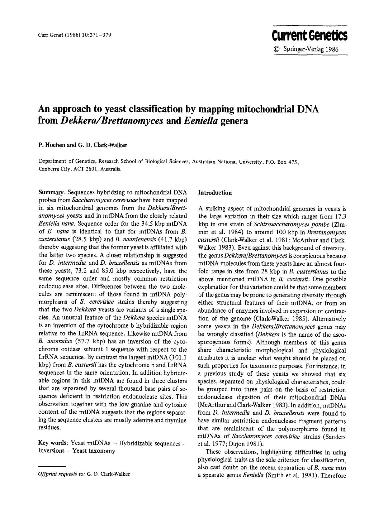 An approach to yeast classification by mapping mitochondrial DNA from <Emphasis Type="Italic">DekkeraBrettanomyces<Emphasis> and <Emphasis Type="Italic">Eeniella genera<Emphasis> by Unknown