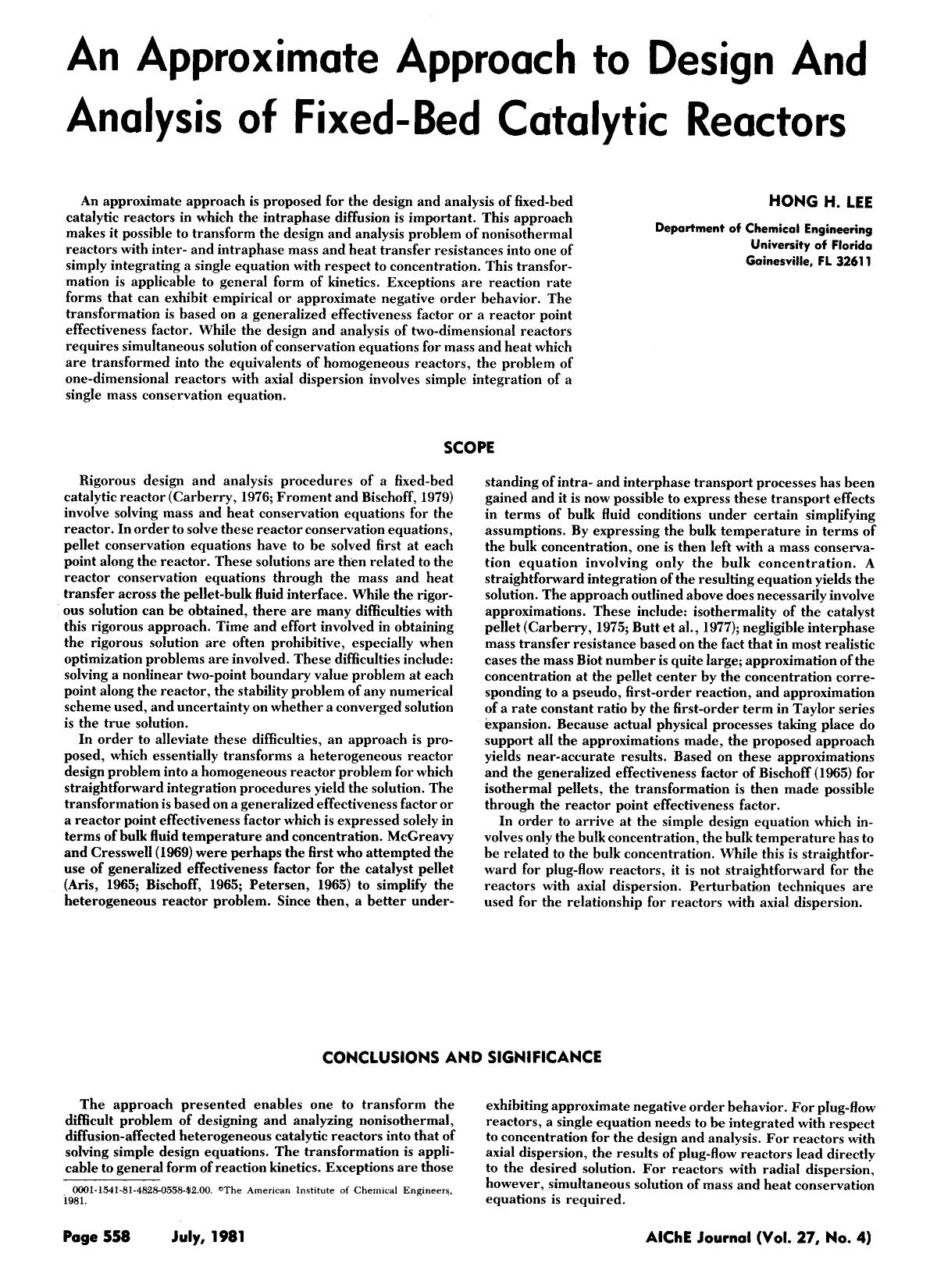 An approximate approach to design and analysis of fixed-bed catalytic reactors by Unknown