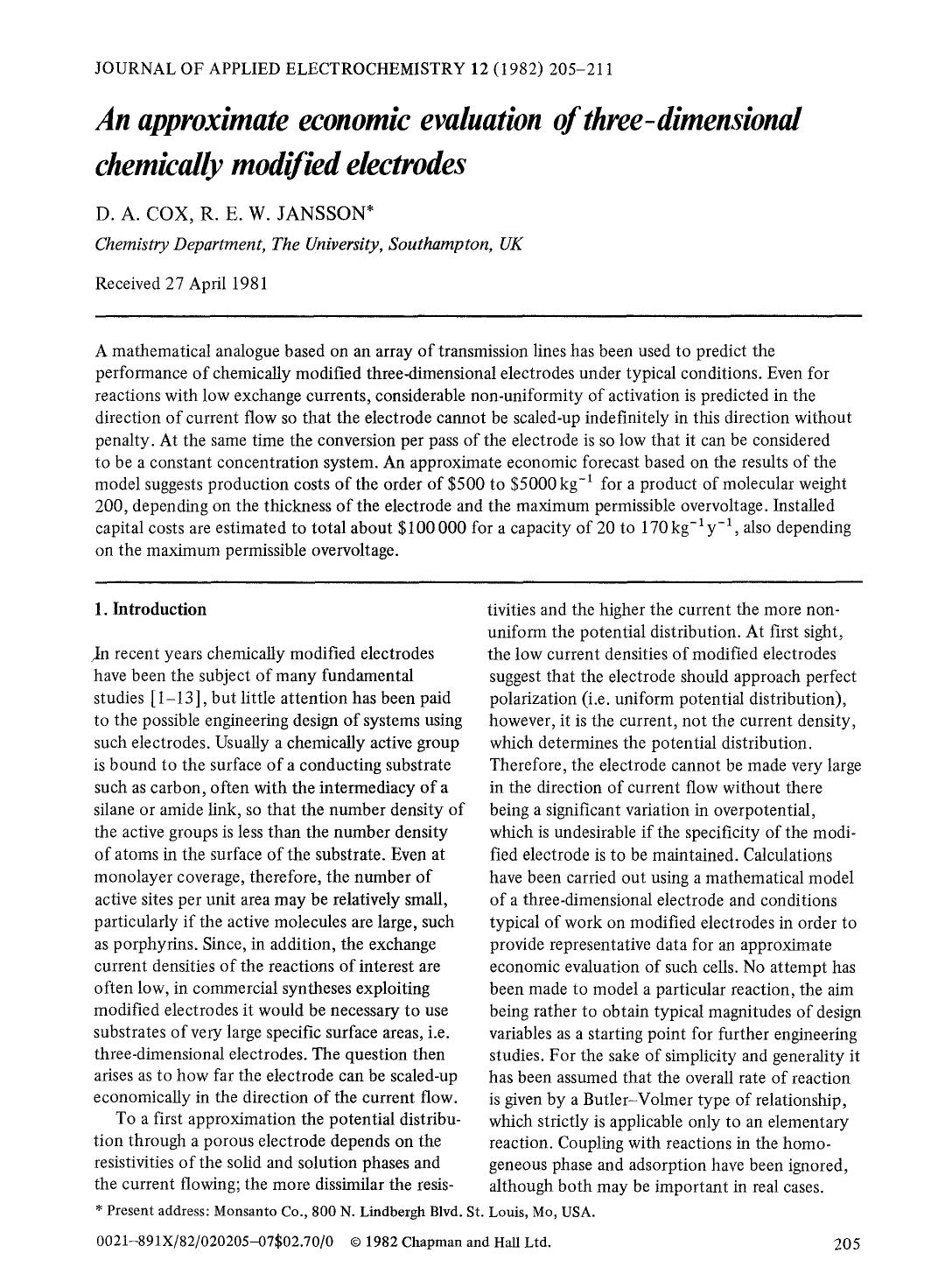 An approximate economic evaluation of three-dimensional chemically modified electrodes by Unknown