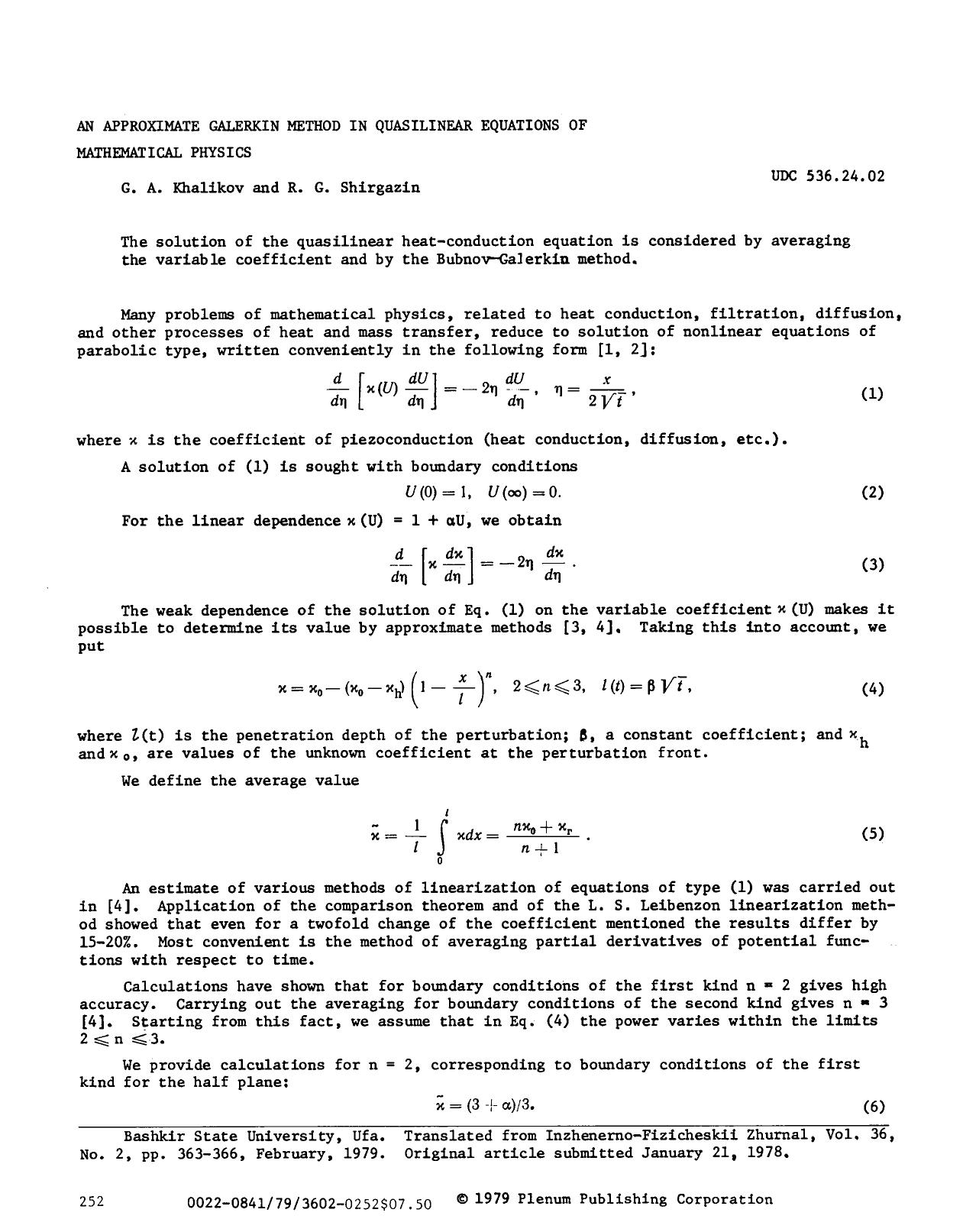 An approximate galerkin method in quasilinear equations of mathematical physics by Unknown