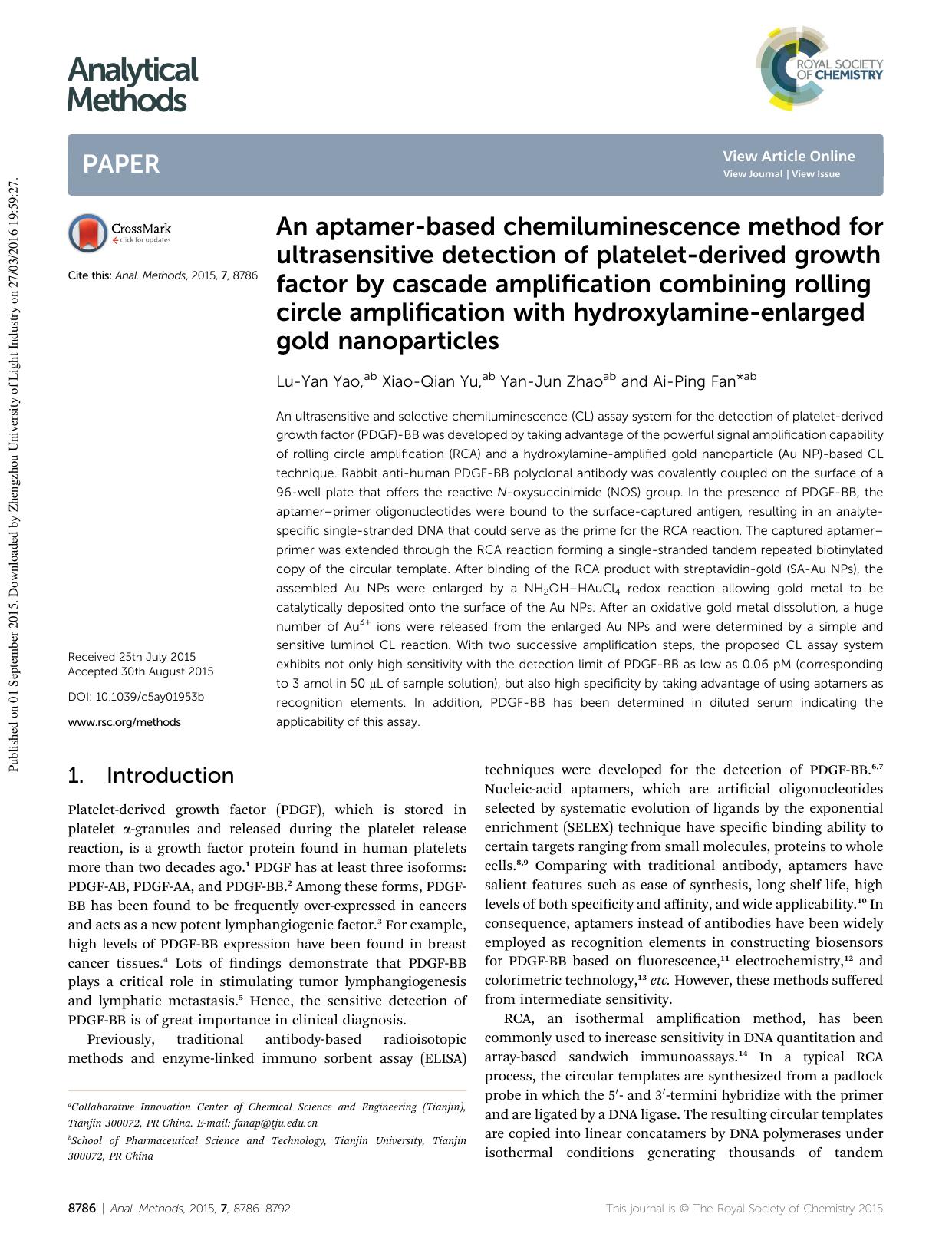 An aptamer-based chemiluminescence method for ultrasensitive detection of platelet-derived growth factor by cascade amplification combining rolling circle amplification with hydrox by Lu-Yan Yao & Xiao-Qian Yu & Yan-Jun Zhao & Ai-Ping Fan