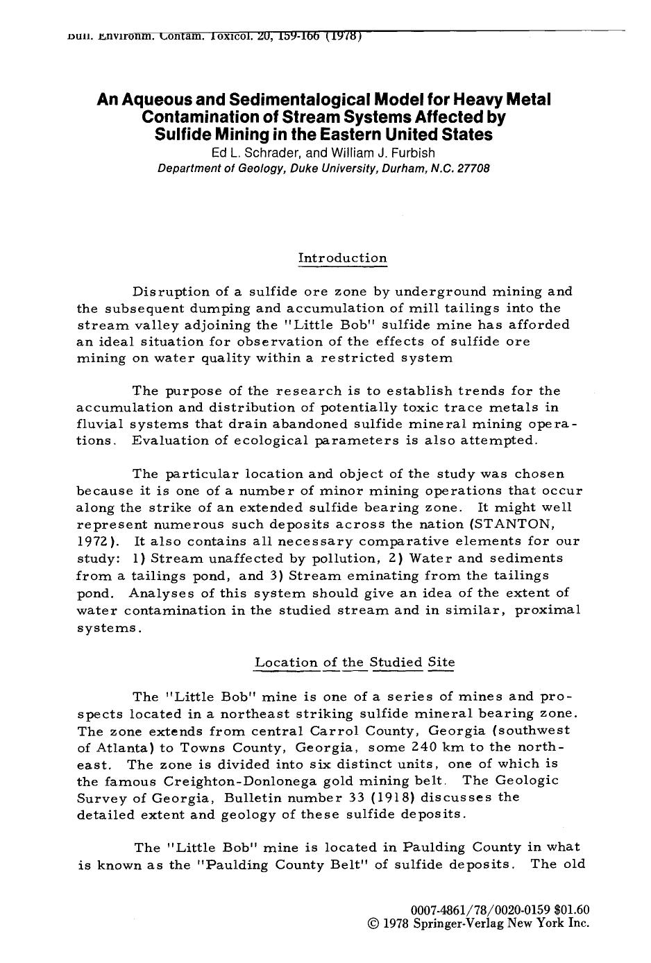 An aqueous and sedimentalogical model for heavy metal contamination of stream systems affected by sulfide mining in the Eastern United States by Unknown