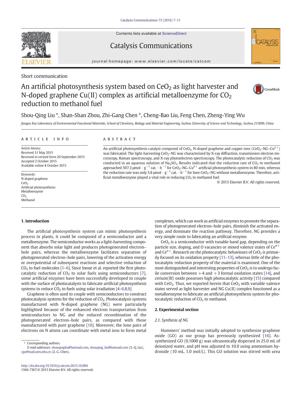 An artificial photosynthesis system based on CeO2 as light harvester and N-doped graphene Cu(II) complex as artificial metalloenzyme for CO2 reduction to methanol fuel by Shou-Qing Liu & Shan-Shan Zhou & Zhi-Gang Chen & Cheng-Bao Liu & Feng Chen & Zheng-Ying Wu