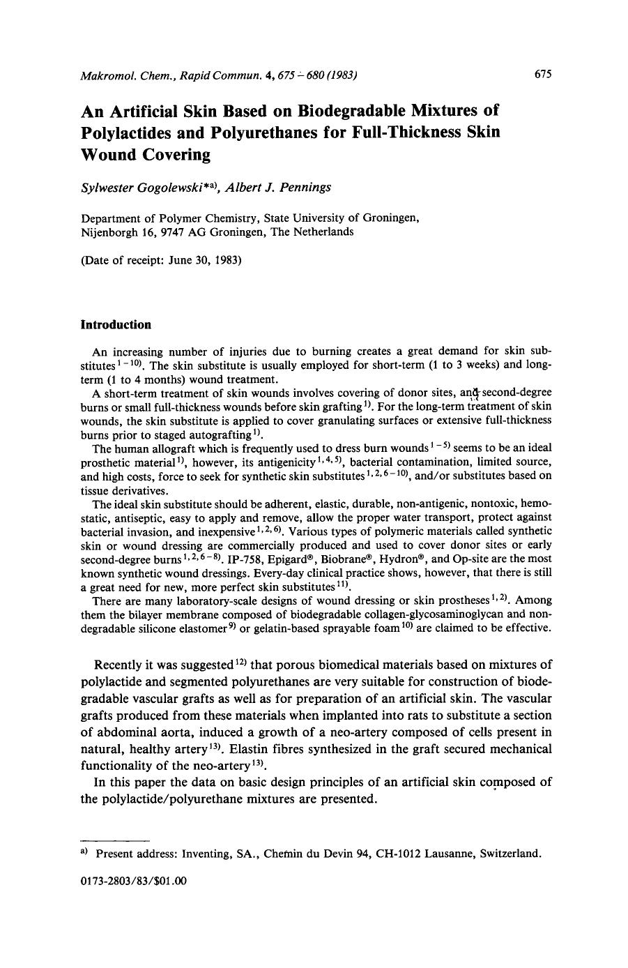 An artificial skin based on biodegradable mixtures of polylactides and polyurethanes for full-thickness skin wound covering by Unknown