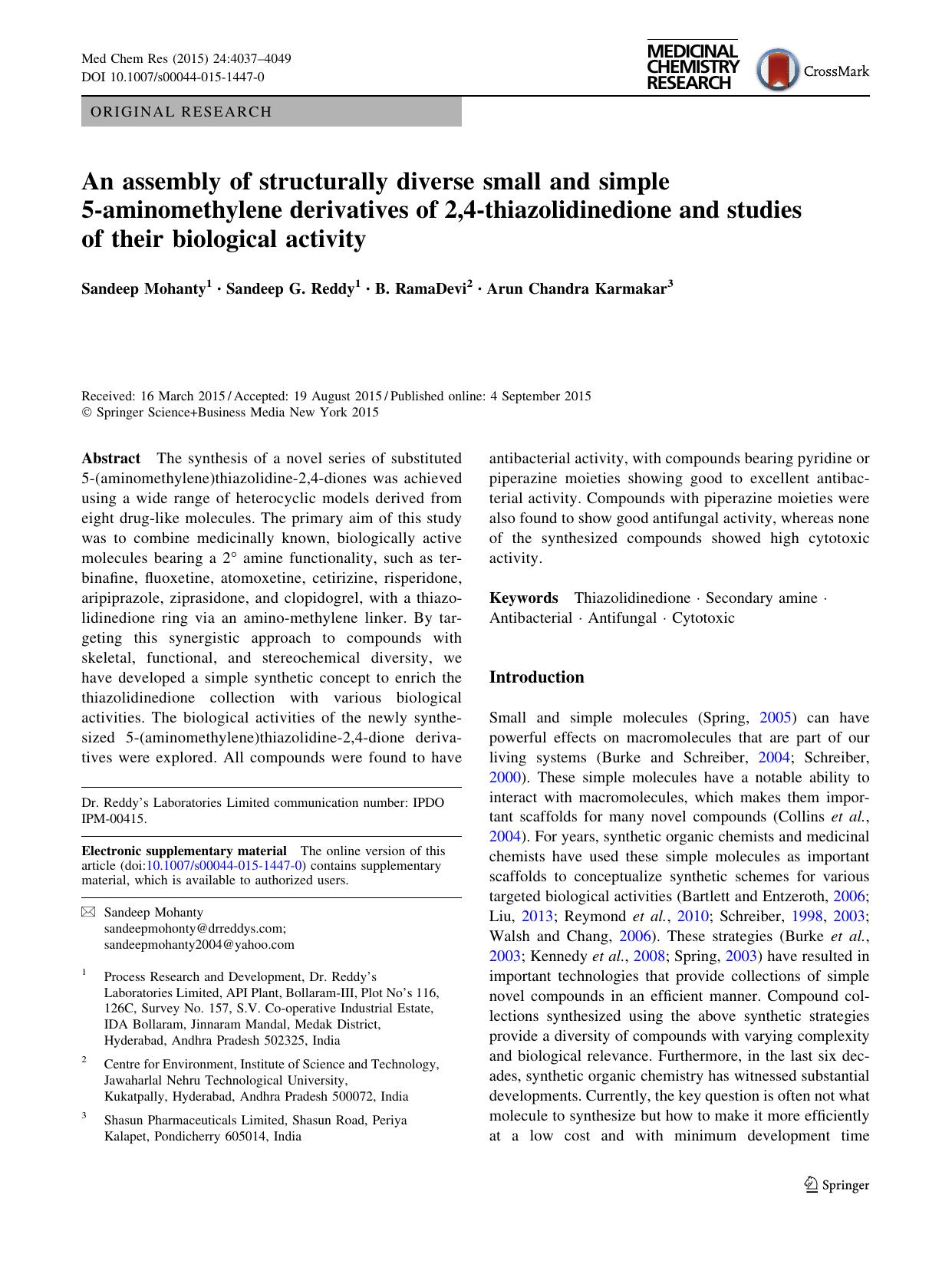An assembly of structurally diverse small and simple 5-aminomethylene derivatives of 2,4-thiazolidinedione and studies of their biological activity by Sandeep Mohanty & Sandeep G. Reddy & B. RamaDevi & Arun Chandra Karmakar