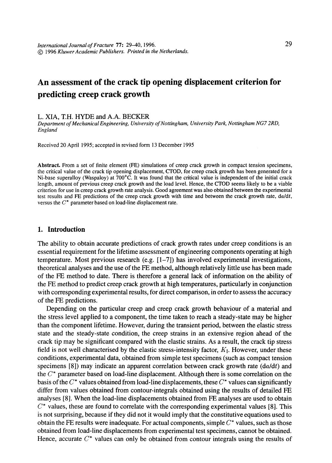 An assessment of the crack tip opening displacement criterion for predicting creep crack growth by Unknown