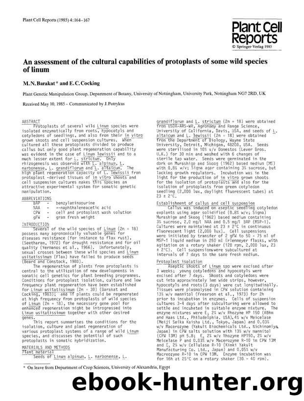 An assessment of the cultural capabilities of protoplasts of some wild species of linum by Unknown
