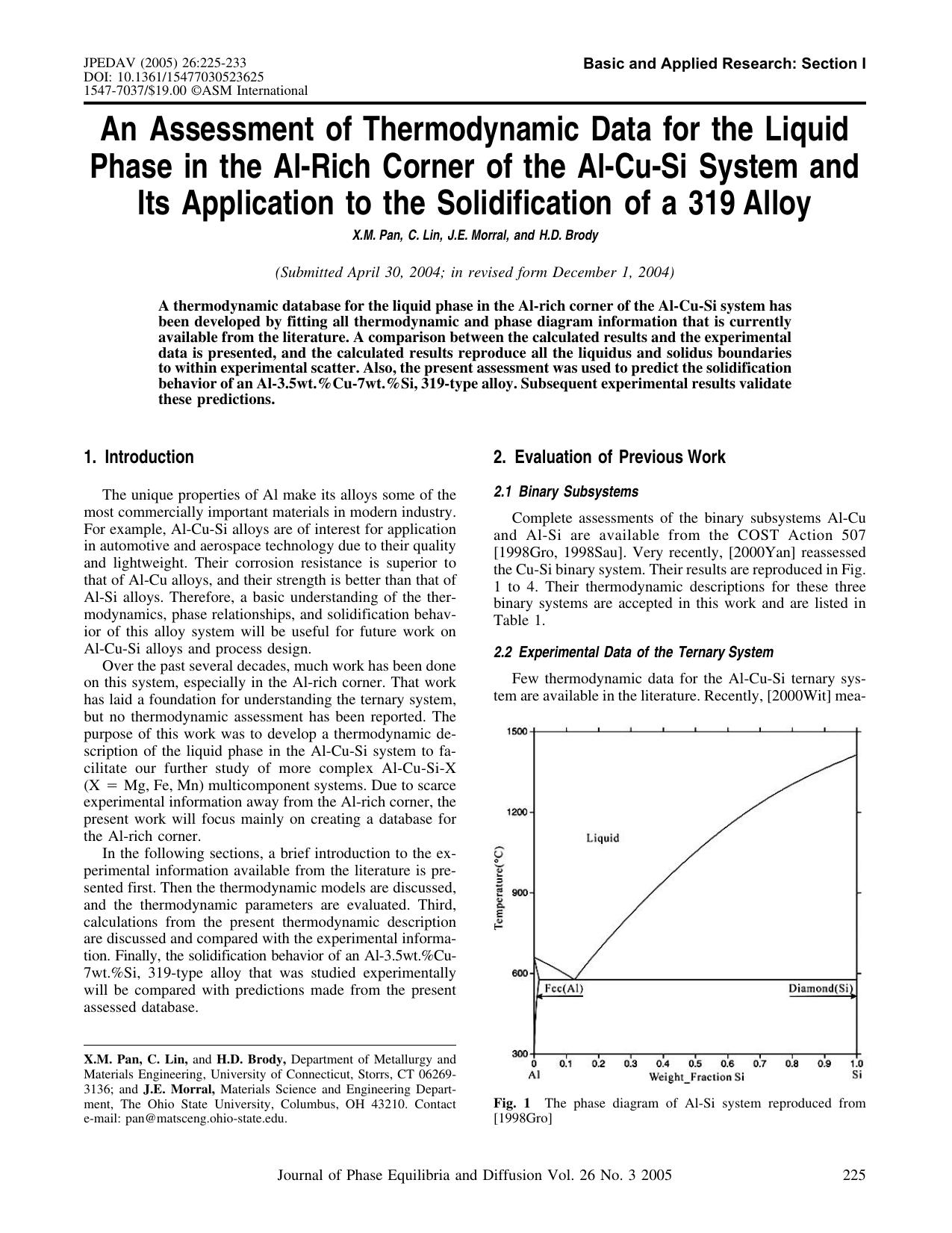 An assessment of thermodynamic data for the liquid phase in the Al-rich corner of the Al-Cu-Si system and its application to the solidification of a 319 alloy by Unknown