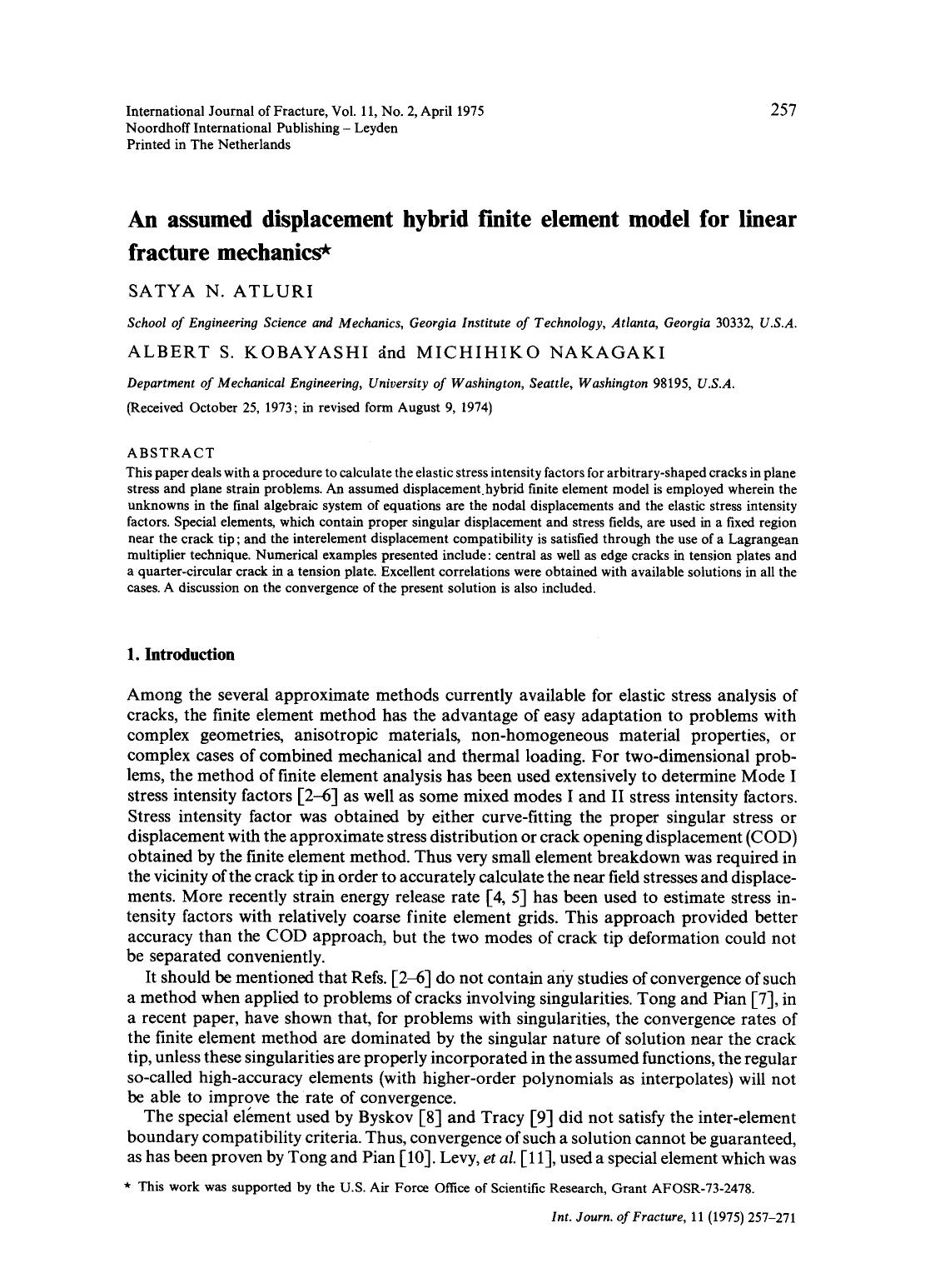 An assumed displacement hybrid finite element model for linear fracture mechanics by Unknown