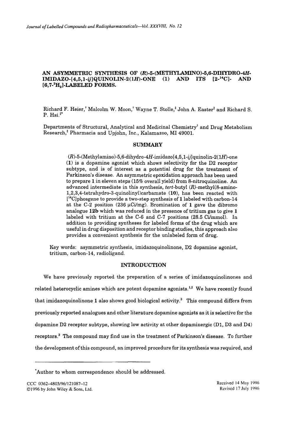 An asymmetric synthesis of (R)-5-(methylamino)-5,6-dihydro-4H-imidazo-[4,5,1-ij]quinolin-2(1H)-one (1) and its [2-14C]- and [6,7-3H2]-labeled forms by Unknown