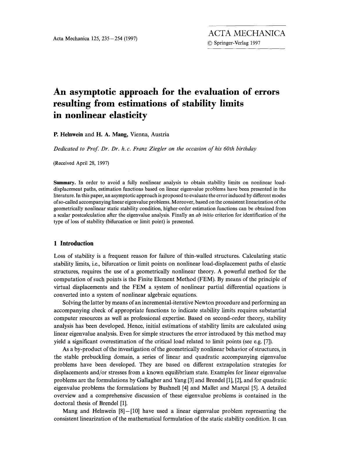 An asymptotic approach for the evaluation of errors resulting from estimations of stability limits in nonlinear elasticity by Unknown