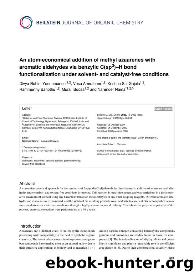 An atom-economical addition of methyl azaarenes with aromatic aldehydes via benzylic C(sp3)âH bond functionalization under solvent- and catalyst-free conditions by unknow