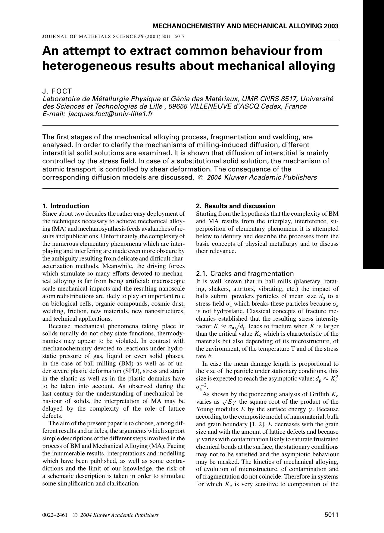 An attempt to extract common behaviour from heterogeneous results about mechanical alloying by Unknown