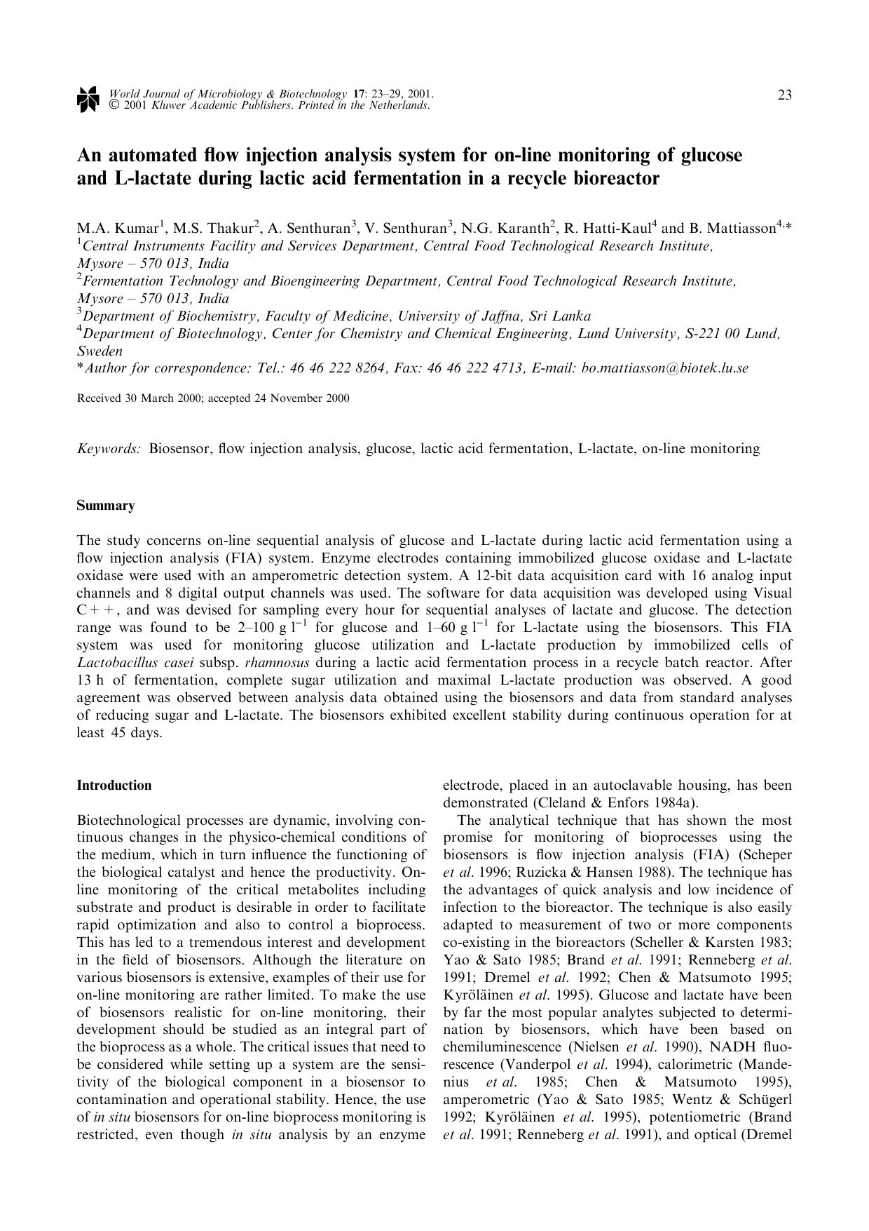 An automated flow injection analysis system for on-line monitoring of glucose and L-lactate during lactic acid fermentation in a recycle bioreactor by Unknown