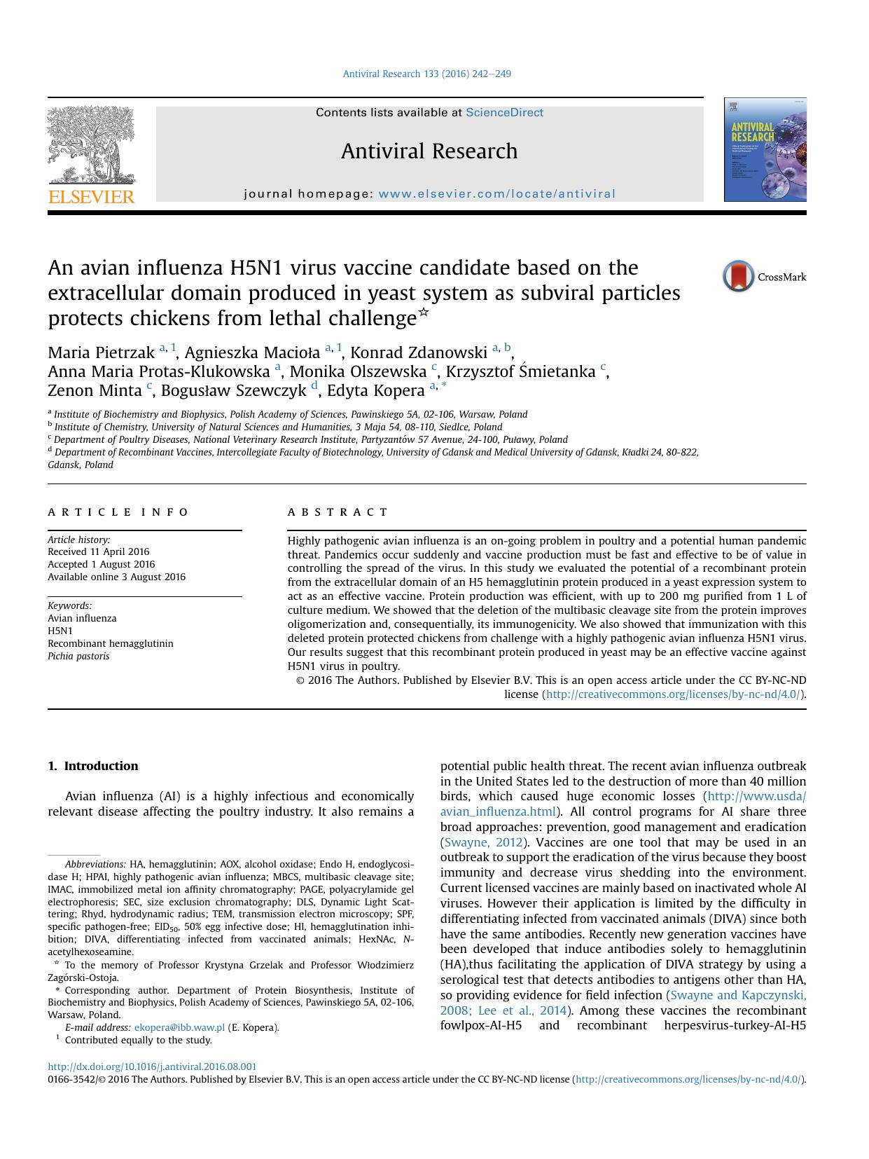 An avian influenza H5N1 virus vaccine candidate based on the extracellular domain produced in yeast system as subviral particles protects chickens from lethal challenge by unknow