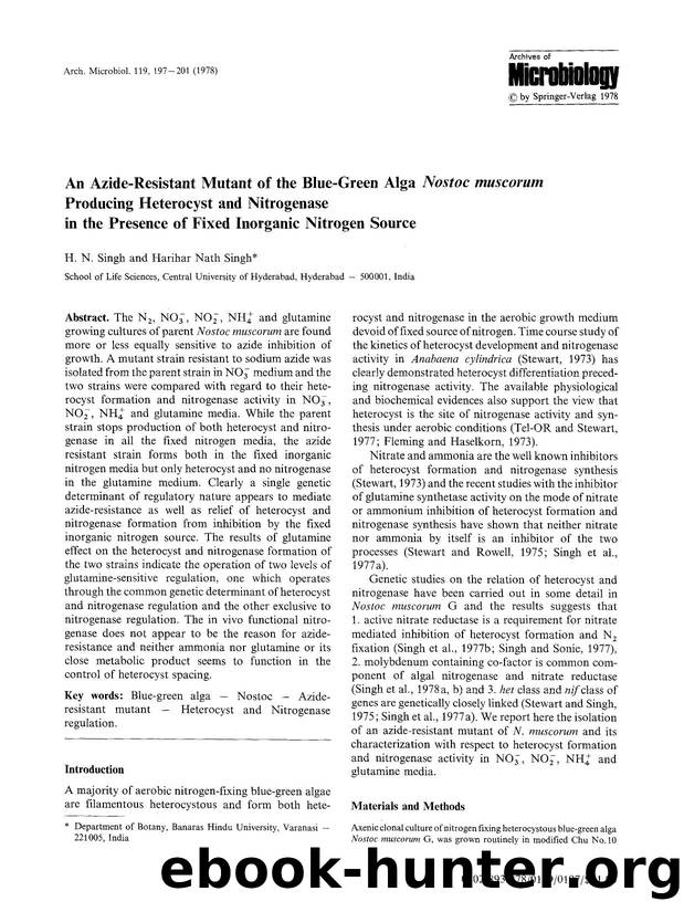 An azide-resistant mutant of the blue-green alga <Emphasis Type="Italic">Nostoc muscorum <Emphasis> producing heterocyst and nitrogenase in the presence of fixed inorganic nitrogen source by Unknown