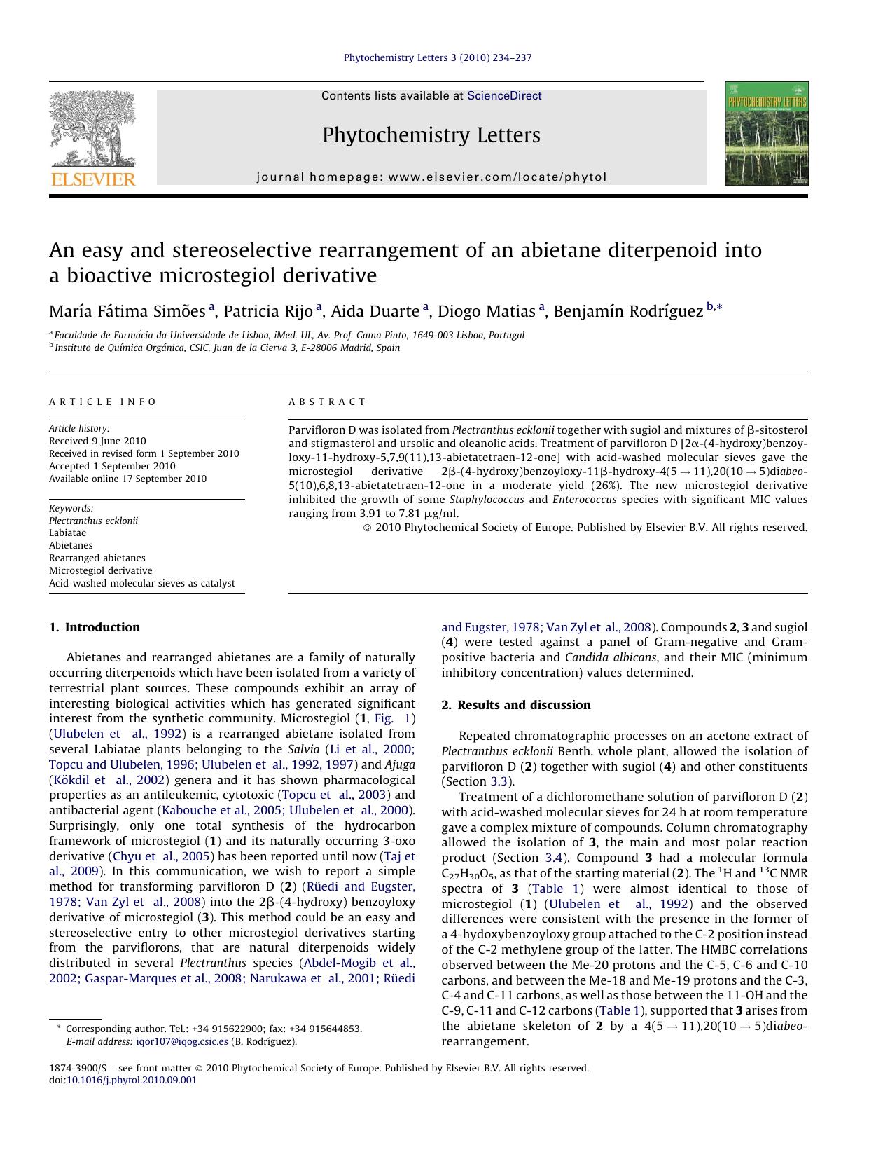 An easy and stereoselective rearrangement of an abietane diterpenoid into a bioactive microstegiol derivative by MarÃ­a FÃ¡tima SimÃµes