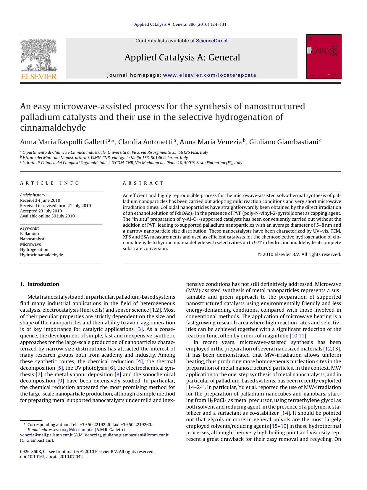 An easy microwave-assisted process for the synthesis of nanostructured palladium catalysts and their use in the selective hydrogenation of cinnamaldehyde by Anna Maria Raspolli Galletti