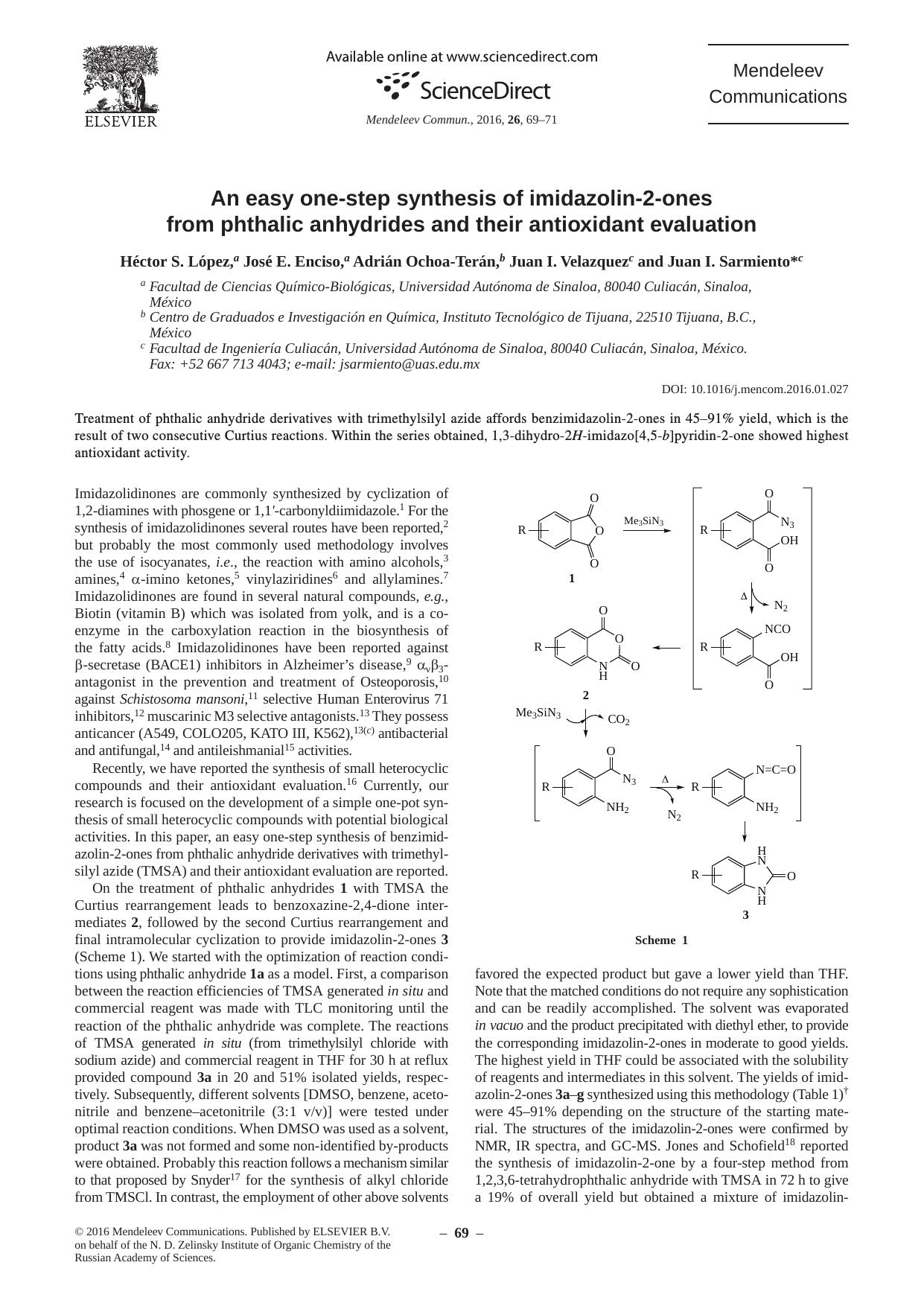 An easy one-step synthesis of imidazolin-2-ones from phthalic anhydrides and their antioxidant evaluation by Héctor S. López & José E. Enciso & Adrián Ochoa-Terán & Juan I. Velazquez & Juan I. Sarmiento