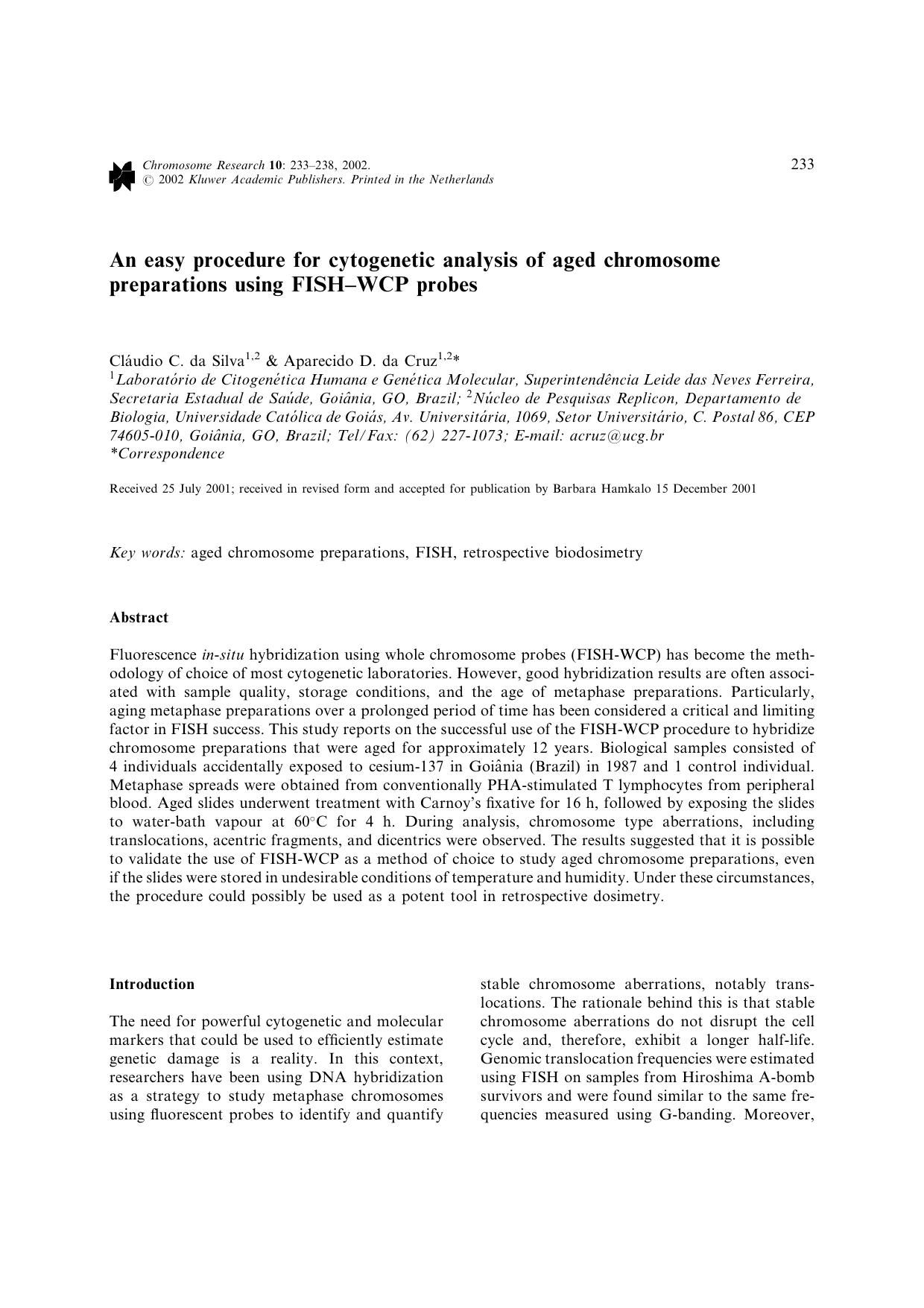 An easy procedure for cytogenetic analysis of aged chromosome preparations using FISH–WCP probes by Unknown