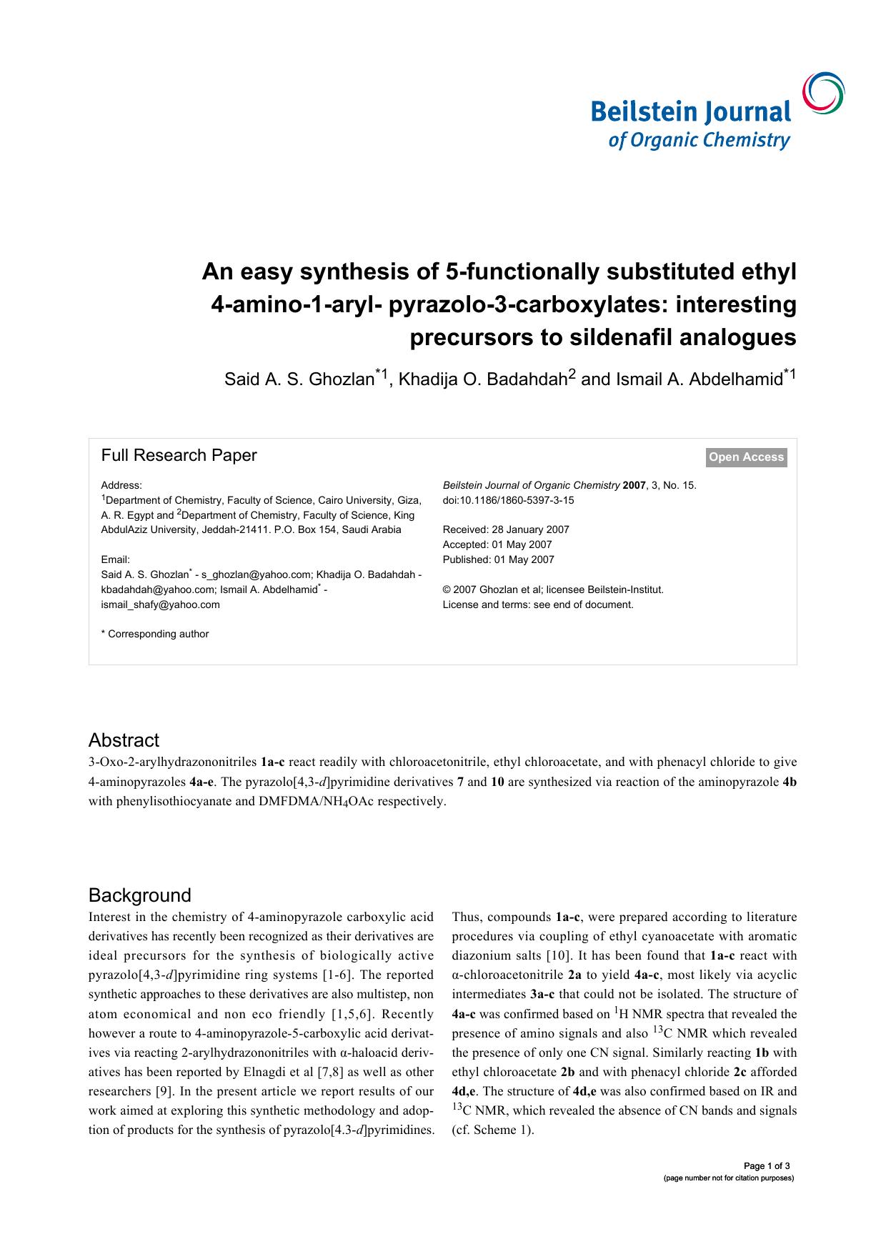 An easy synthesis of 5-functionally substituted ethyl 4-amino-1-aryl- pyrazolo-3-carboxylates: interesting precursors to sildenafil analogues by Said A S Ghozlan Khadija O Badahdah Ismail A Abdelhamid