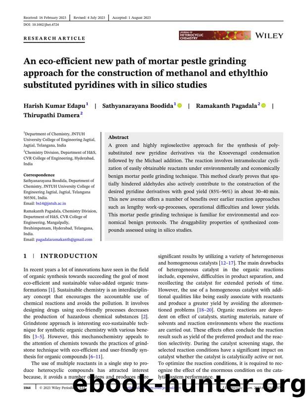 An ecoâefficient new path of mortar pestle grinding approach for the construction of methanol and ethylthio substituted pyridines with in silico studies by Unknown