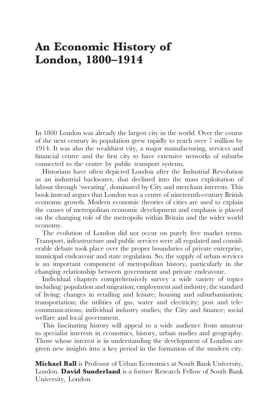 An economic history of London, 1800-1914 by Michael Ball David Sunderland