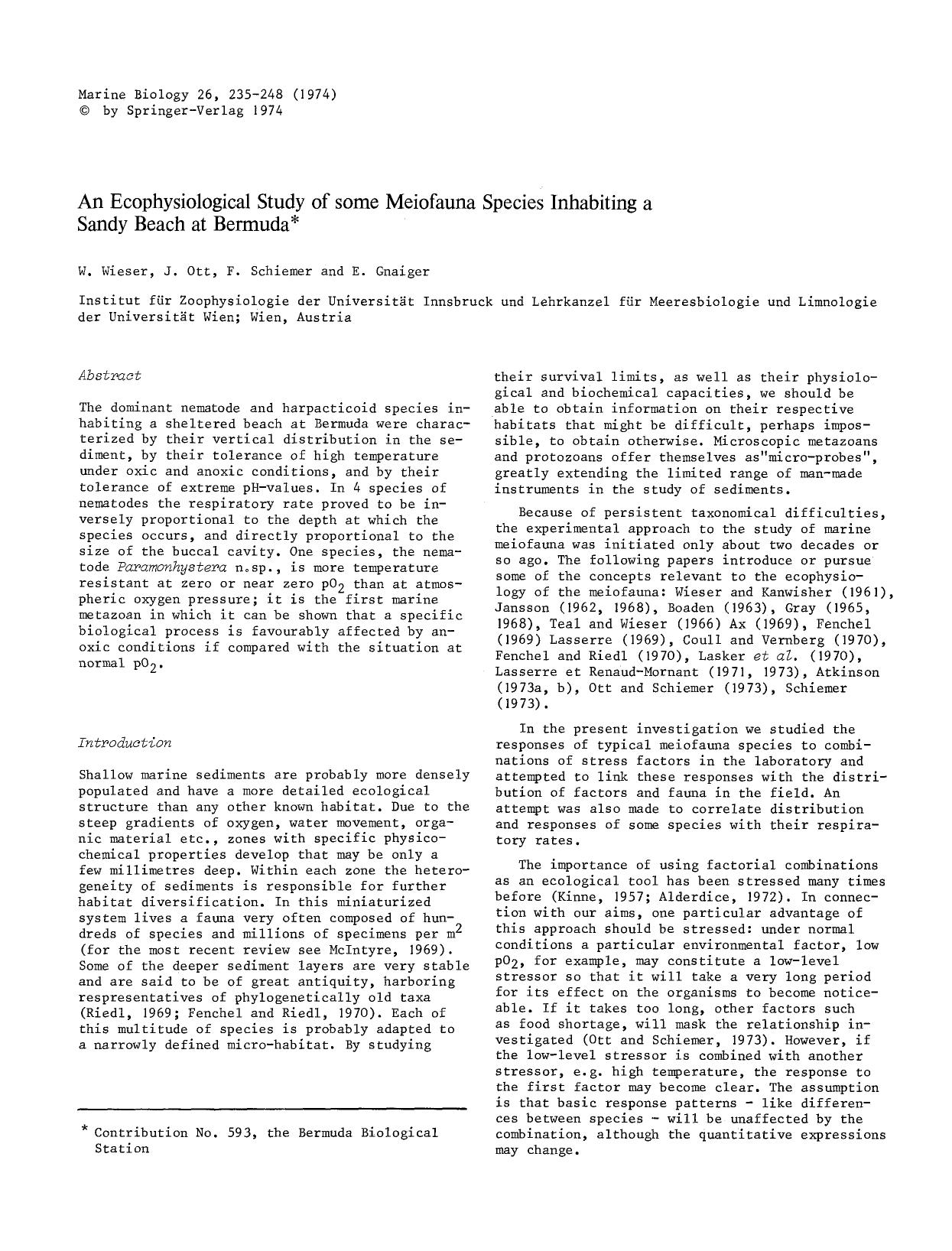 An ecophysiological study of some meiofauna species inhabiting a sandy beach at Bermuda by Unknown