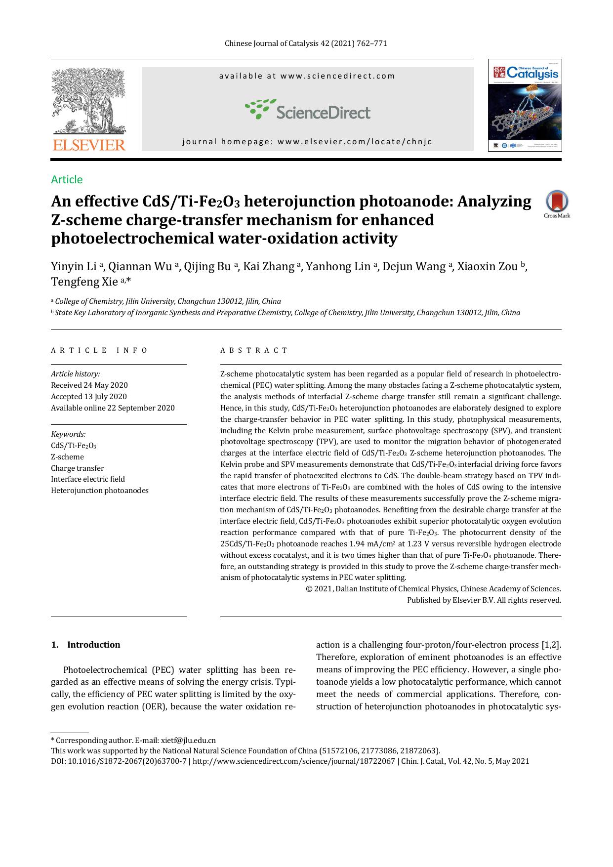 An effective CdSTi-Fe2O3 heterojunction photoanode: Analyzing Z-scheme charge-transfer mechanism for enhanced photoelectrochemical water-oxidation activity by unknow